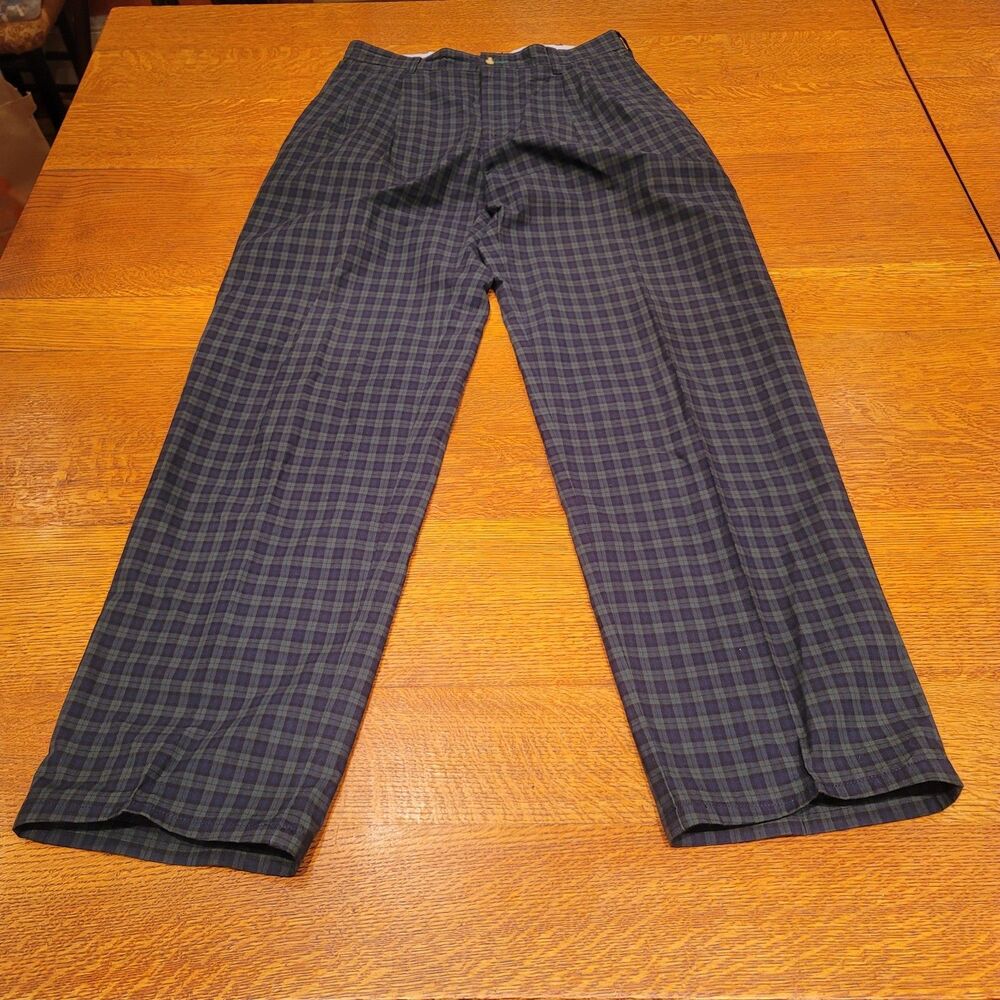 Tommy Hilfiger Golf Pants Pleated Plaid Green Blue 34x34 100% Cotton